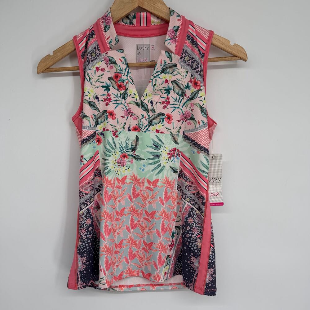 Lucky In Love Top Women’s XS Patch Me Multicolor Pickleball Outdoor Active Pink